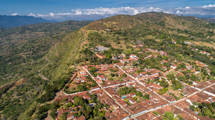 Wall Mural - Aerial view of north end of historic town Barichara with Chapel of Santa Barbara and cemetery, Colombia