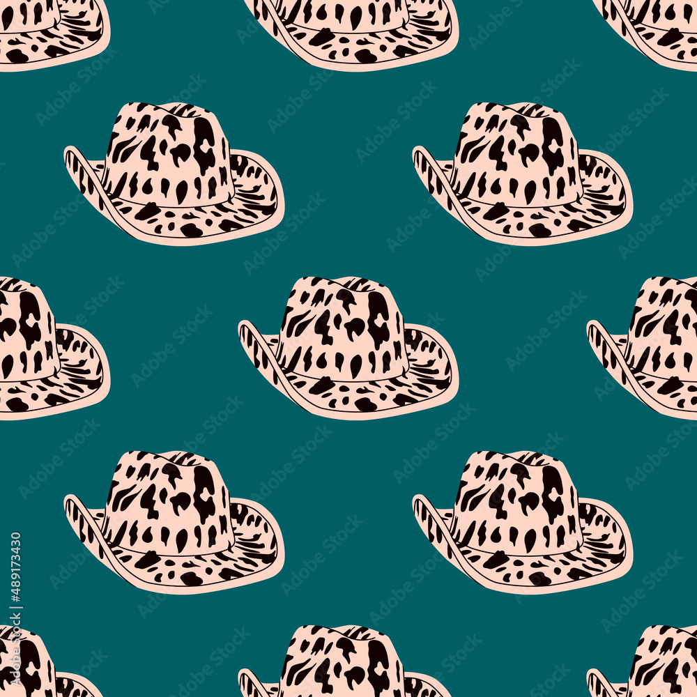 cartoon-cowgirl-hat-with-cow-print-horse-ranch-cowboy-hat-repeating-background-wild-west-fashion-style-cowboy-western-theme-wild-west-concept-hand-drawn-trendy-colored-vector-seamless-pattern-stock-vector