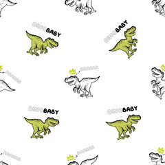 Doodle pattern with two baby t-rex dino. Seamless background with sketch roaring dinosaur. Textile design for baby boy on white background. Cartoon monster vector illustration.