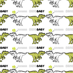 Doodle pattern with two baby t-rex dino. Seamless background with sketch roaring dinosaur. Textile design for baby boy on white background. Cartoon monster vector illustration.