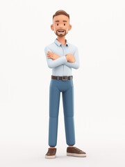 Standing smiling man with arms crossed. Cartoon happy businessman isolated on white background, 3d rendering
