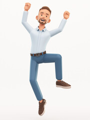 Smiling man happy jumping. Cartoon happy businessman isolated on white background, 3d rendering