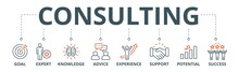 Consulting Banner Web Icon Vector Illustration Concept For Business Consultation With An Icon Of Goals, Expert, Knowledge, Advice, Experience, Support, Potential, And Success
