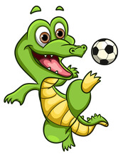 The Happy Crocodile Is Playing The Soccer And Kick The Ball