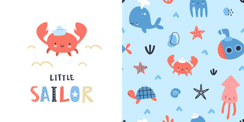Wall Mural - cute sea life baby pattern with print collection. marine apparel design adorable set.