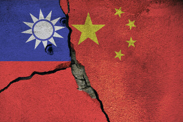 Poster - Taiwanese and chinese flag painted on broken concrete wall. Bulletholes in the taiwan flag. Conflict theme.