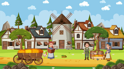 Medieval town scene with villagers