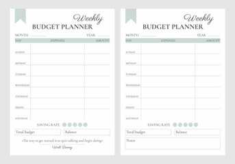  Financial planner page vector templates. Budget for the week. Minimalistic strict design with a quote or notes