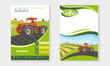 Banners of the agricultural concept. A tractor is plowing in a field among farmlands. Vector rural background for the design of leaflets or booklets.