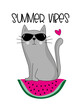 Summer Vibes - cool cat on watermelon slice. Good for T shirt print, poster, card, label, and other desoration.