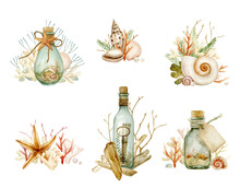 Collection Of Compositions From Marine Finds. Hand-drawn Watercolor Elements (message Bottles, Corals, Shells, Pearls, Algae)
