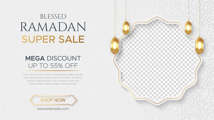 Sticker - Ramadan Kareem Luxury Sale Banner, Islamic Ornament Lantern Background, Ramadan sale social media post with empty space for photo