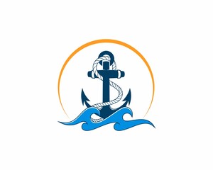 Sticker - Anchor on the sea wave illustration logo