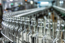 Production Line Transports Empty Glass Bottles For Alcohol