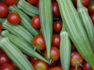 Wall Mural - A closeup of okra and cherry tomatoes from the garden in Missouri