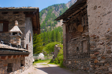 Wall Mural - A beautiful green landscape with a traditional houses in Aosta, Italy