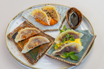 Wall Mural - An appetizing fried dumplings Gyoza with soy sauce