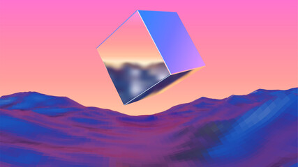 Wall Mural - mysterious chrome cube flying over alien planet terrain. 80s styled retro sci-fi landscape with moun