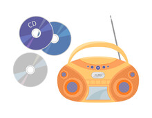 CD Recorder Isolated And Compact Disks. 90s CD Stereo Boombox And Discs On White Background. Mp3 Music Player. Vector Flat Retro Illustration