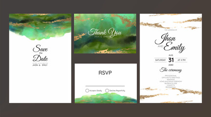 Poster - wedding invitation cards, watercolor textures and fake gold splashes for a luxurious touch