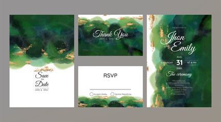 Poster - wedding invitation cards, watercolor textures and fake gold splashes for a luxurious touch