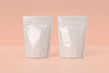 Wall Mural - blank white foil food packaging with zipper mockup, isolated on pink background. 3d rendering
