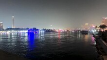 Nile River And Iconic Cairo Night Cityscape, Egypt. Wide Shot Timelapse