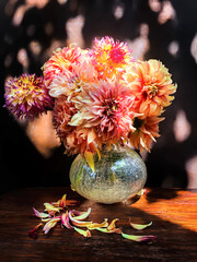 Wall Mural - Romantic bouquet with dahlias in sun light