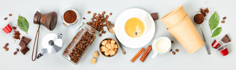 Canvas Print - Coffee composition with coffee and accessories on white background, flat lay