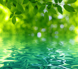 Wall Mural - Green leaves spring background near the water