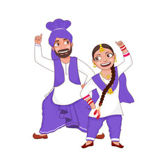 Canvas Print - Cheerful Punjabi Couple Performing Bhangra Dance In Traditional Attire.