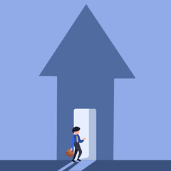 Poster - Business flat drawing businessman enter the up arrow shape house. Male manager entering in arrow pointing up. Start up. Business success to next level. Career development. Cartoon vector illustration