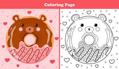 Wall Mural - Printable coloring page for kids with sweet bear shape donut with icing and chocolate in cartoon style, game for children books