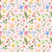Wildflowers Seamless Pattern. Pretty Spring Flowers, Green Foliage, Butterflies On Pastel Pink Background. Botanical Print. Easter Design. Blooming Meadow Wallpaper.