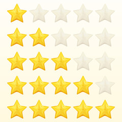Wall Mural - Five yellow stars glossy colors. Achievements for games. Customer rating feedback concept from client about employee of website. 3d design. Vector illustration.