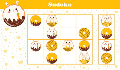 Printable sudoku worksheet for kids with cute animal donuts with bunny and bear, puzzle for children book in cartoon style