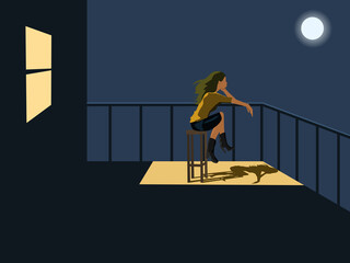 woman sitting on the balcony looking at the moon There was a light shining from the rear window.