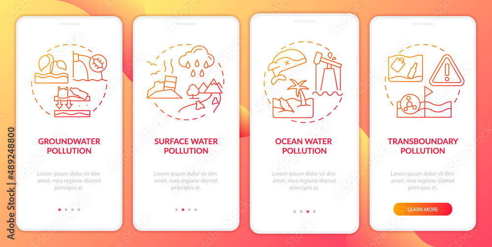 Water pollution categorization red gradient onboarding mobile app screen. Walkthrough 4 steps graphic instructions pages with linear concepts. UI, UX, GUI template. Myriad Pro-Bold, Regular fonts used