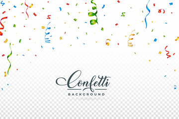 Confetti vector illustration for festival background. Confetti falling on transparent background. Red, green, golden, blue confetti on transparent background. Celebration event and party element.