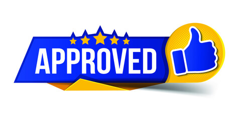 Vector illustration approved label flag with thumbs up icon. The badge has been tested and verified. Vector illustration approved flag of quality check icon. Featured product with logo for promotion.
