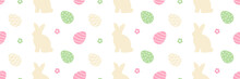 Wide Horizontal Vector Seamless Pattern Background For Easter Design With Cute Decorated Easter Eggs, Rabbit And Flowers.