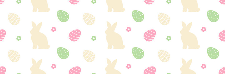 Wide horizontal vector seamless pattern background for Easter design with cute decorated easter eggs, rabbit and flowers.