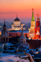 Wall Mural - Amazing panoramic view of Moscow in Russia at sunset. Wonderful city scape