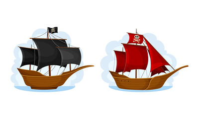Wall Mural - pirate ship with black and red sails set. vintage sailing ships floating on water cartoon vector ill