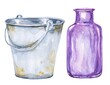 Watercolor glass bottle and tin bucket on white background. 