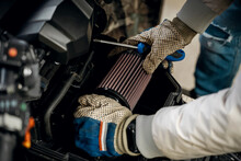 Hobby Mechanic Service In A Garage During The Maintenance And Servicing Of An ATV Quad Air Filter Filter Change, Renewal And Maintenance Of The Filter