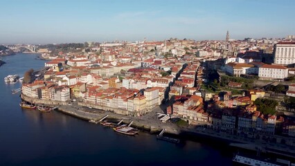 Wall Mural - Drone flyover of the historic downtown of Oporto, Portugal