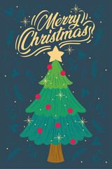 Chritmas tree with balls and star Merry Christmas greeting card Vector