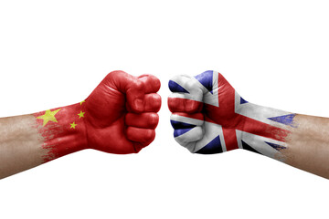 Wall Mural - Two hands punch to each others on white background. Country flags painted fists, conflict crisis concept between china and britain