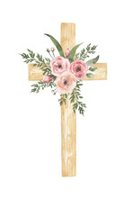 Cross Clipart, Watercolor Christian Wooden Cross With Florals Bouquet, Baptism Cross Clip Art Set, Wedding Invites, Holy Spirit, Religious Illustration